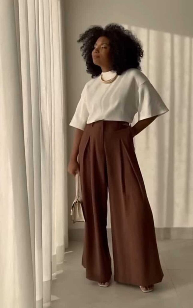 Elegant Contrast: White Top, Brown Palazzo