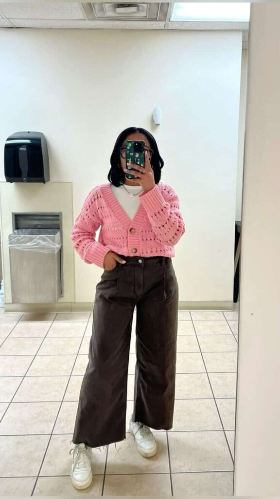 Pink Crochet Cardigan with Wide-Leg Pants