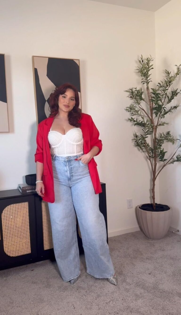 Bold Red Blazer With Wide-Leg Jeans