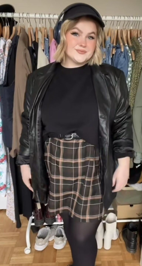 Leather Jacket with Plaid Skirt Mix
