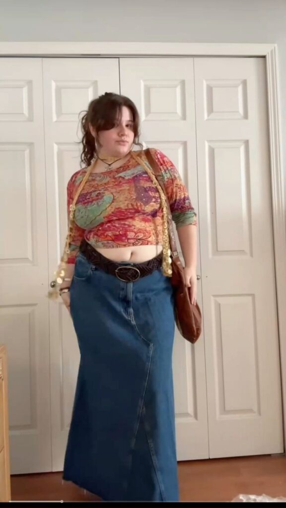 Vibrant Crop Top with Denim Maxi Skirt