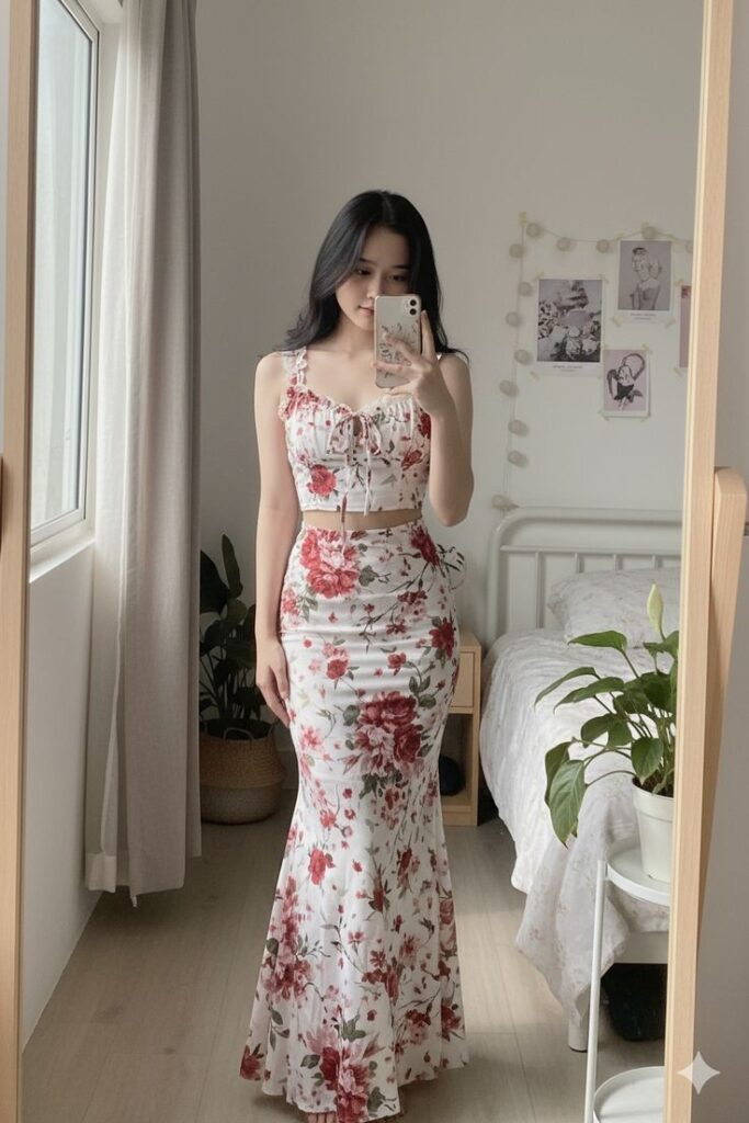 Romantic Floral Crop Top Maxi Skirt