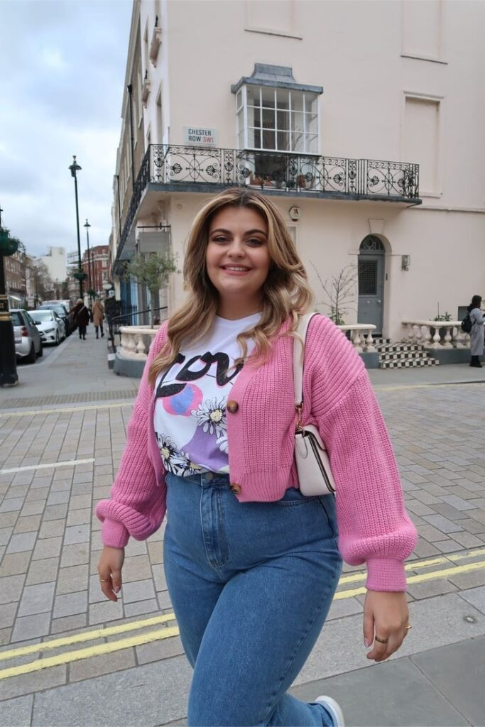 Pink Cardigan with Classic Denim