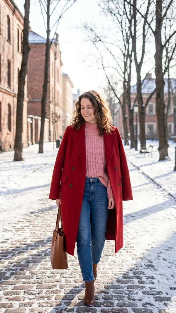 Red Coat + Pink Sweater + Jeans