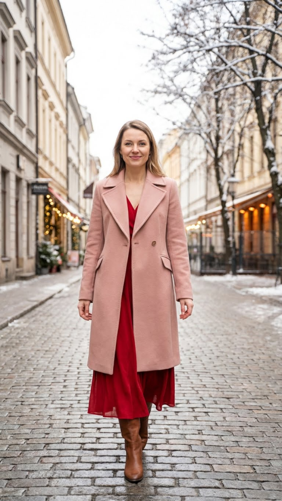 Soft Pink Coat + Red Dress
