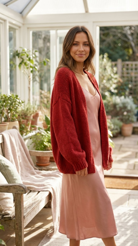 Red Cardigan + Pink Slip Dress