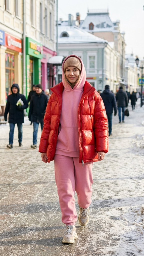 Pink Sweatsuit + Red Puffer Jacket