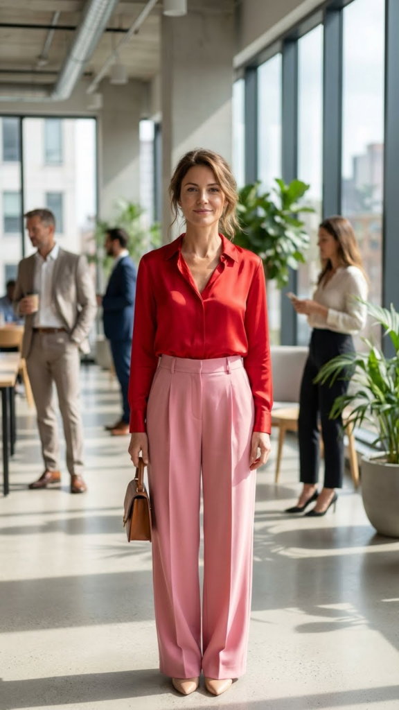 Red Blouse + Pink Wide-Leg Trousers