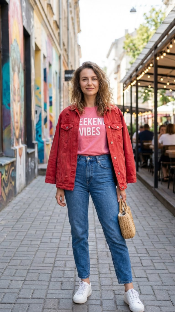 Pink Graphic Tee + Red Denim Jacket