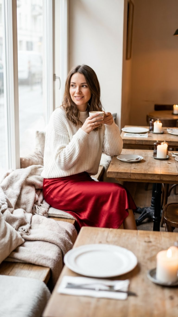 White Sweater + Red Satin Slip Skirt
