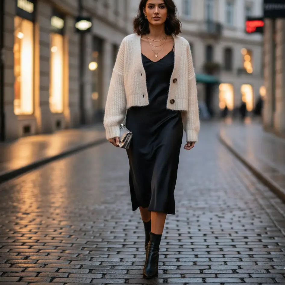 Satin Slip Dress with Cropped Cardigan