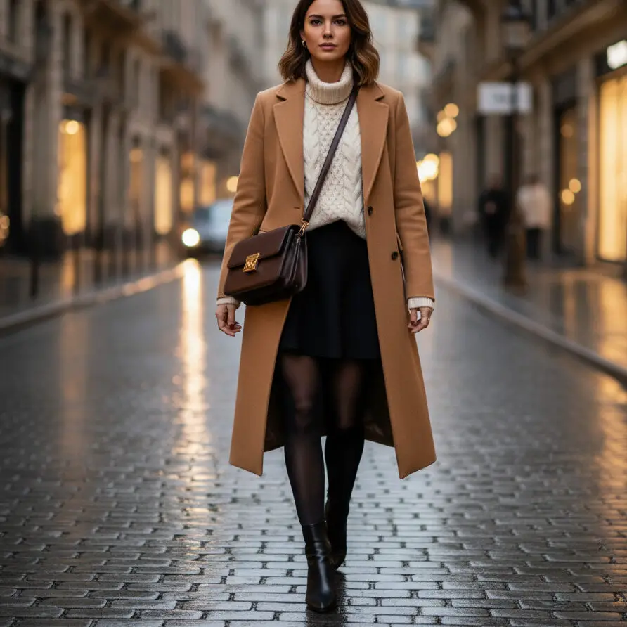 Wool Coat with Sweater and Mini Skirt
