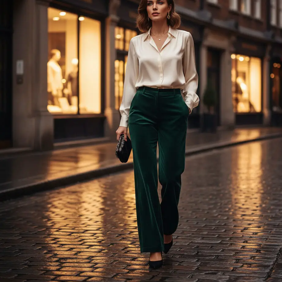 Velvet Pants with Silk Blouse