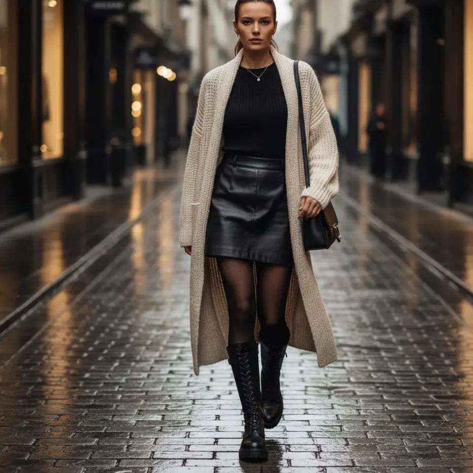 Long Cardigan with Leather Mini Skirt