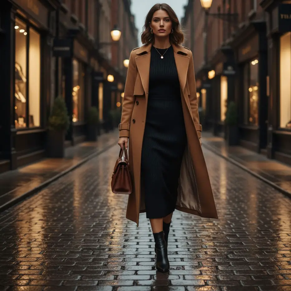 Trench Coat with Knit Midi Dress