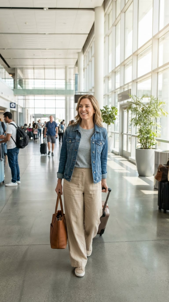 Neutral Tee + Wide-Leg Pants + Denim Jacket