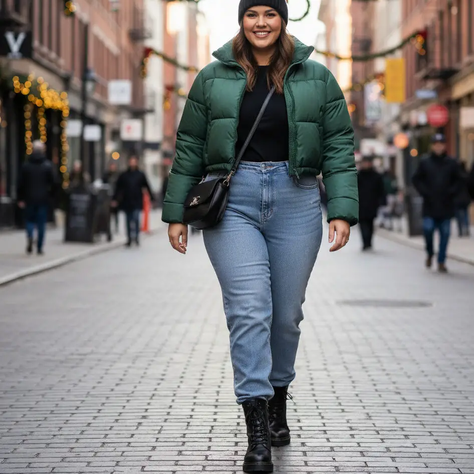 Puffer Jacket with Straight-Leg Jeans