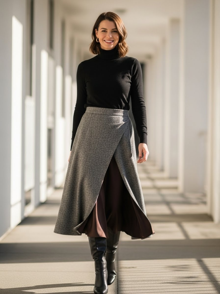 Turtleneck + Midi Skirt + Boots