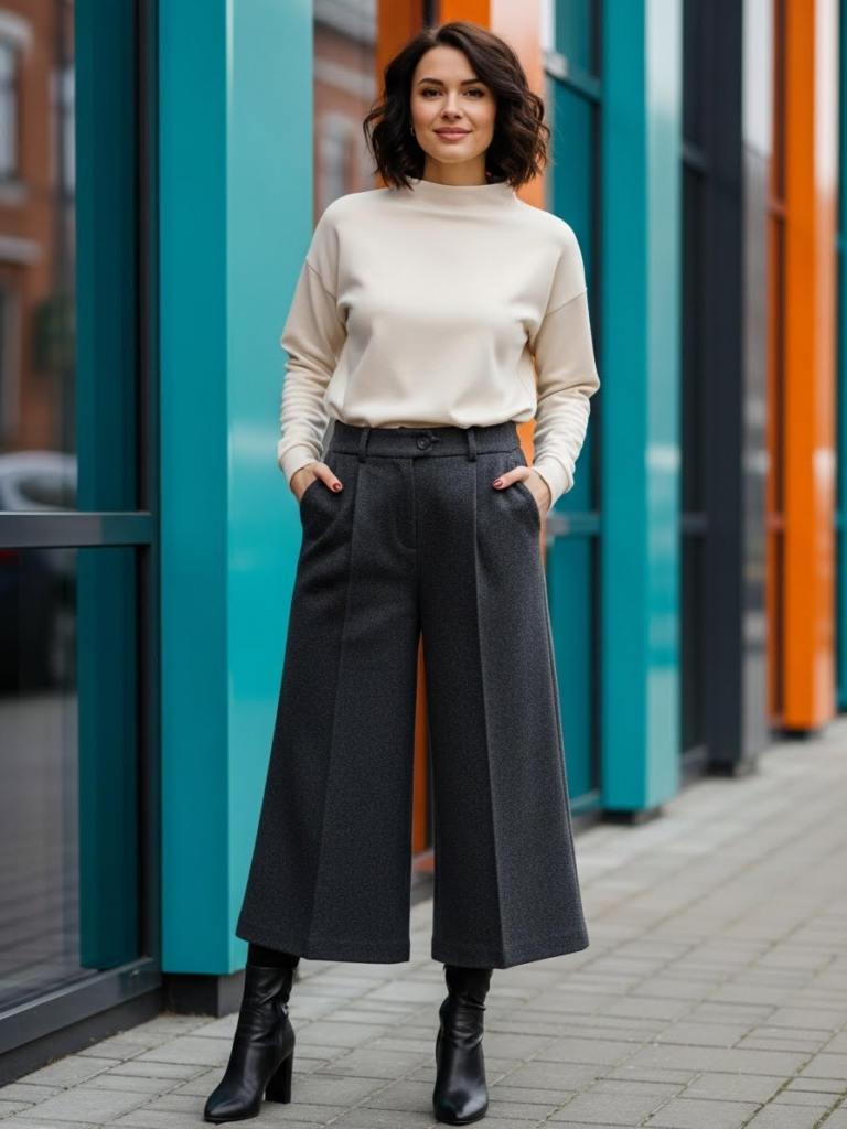 15. Mock-Neck Top + Culottes + Heeled Boots