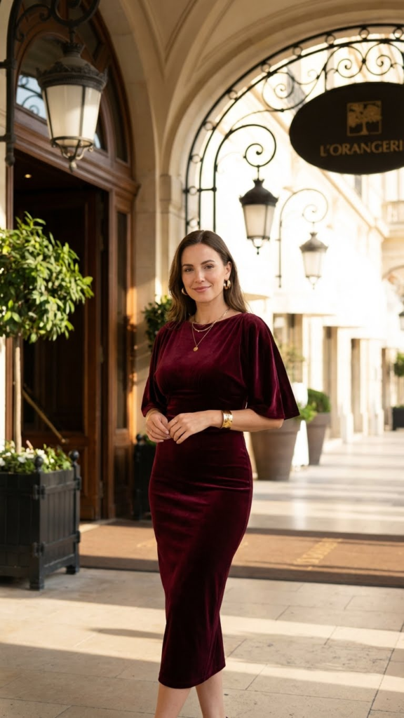 Burgundy Velvet Dress + Gold Accessories