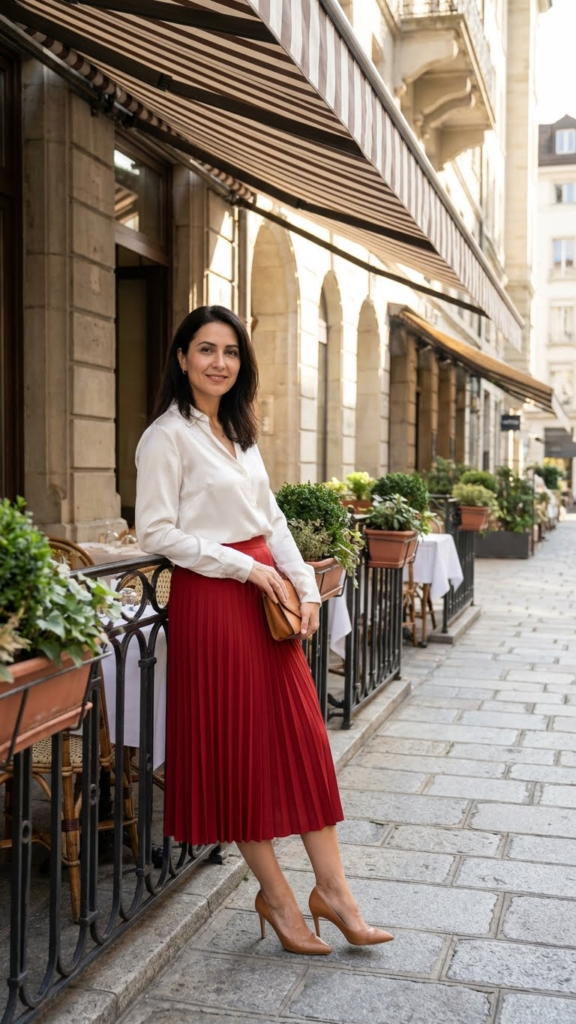 White Satin Blouse + Red Midi Skirt