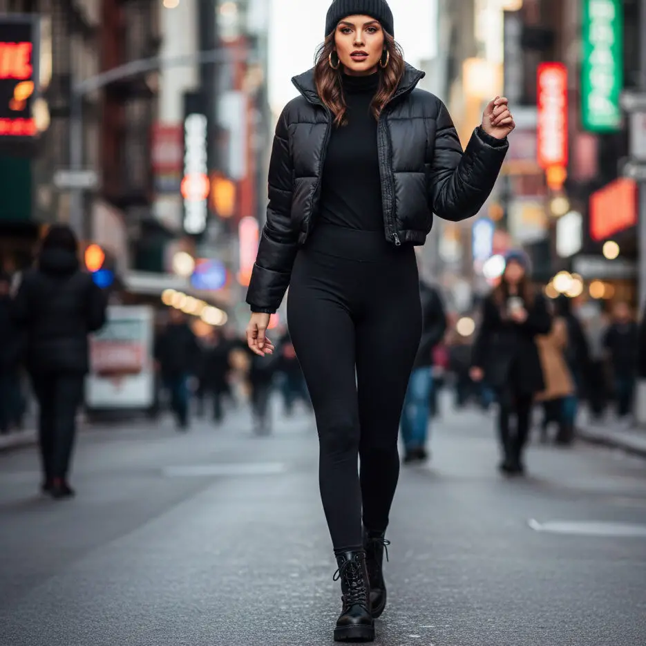 Puffer Jacket with Leggings and Boots