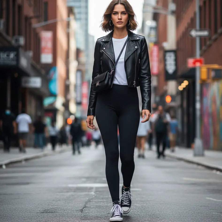 Leather Jacket with Black Leggings