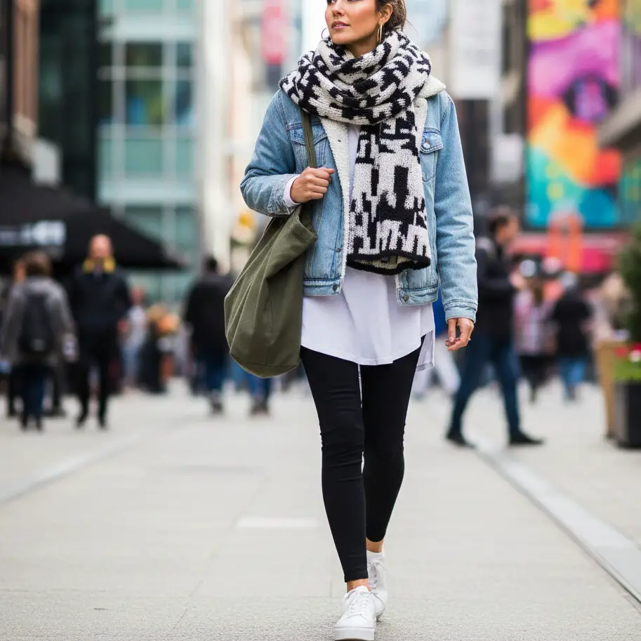 Denim Jacket with Leggings and Scarf