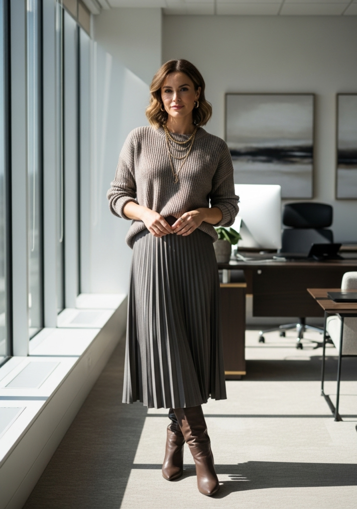 Neutral Sweater & Pleated Midi Skirt