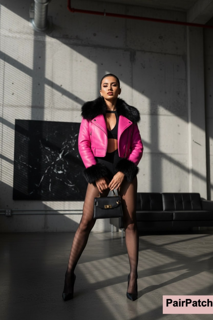  Pink Fur Trim & Black Bodysuit 