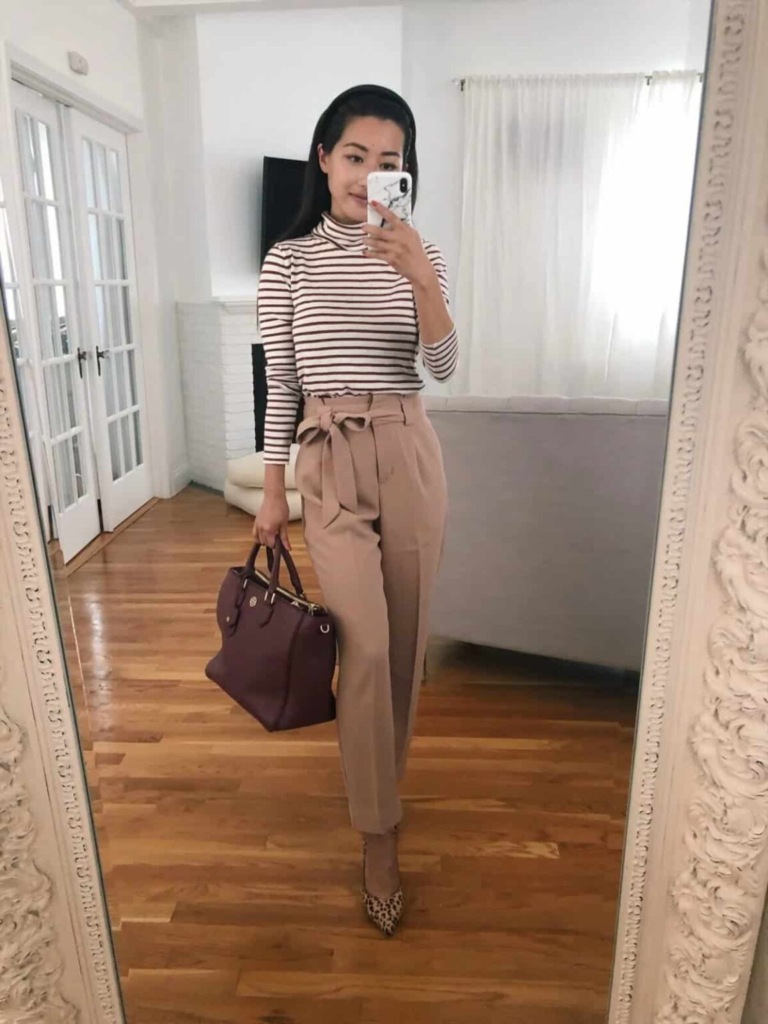 Striped Turtleneck and High-Waisted Trousers