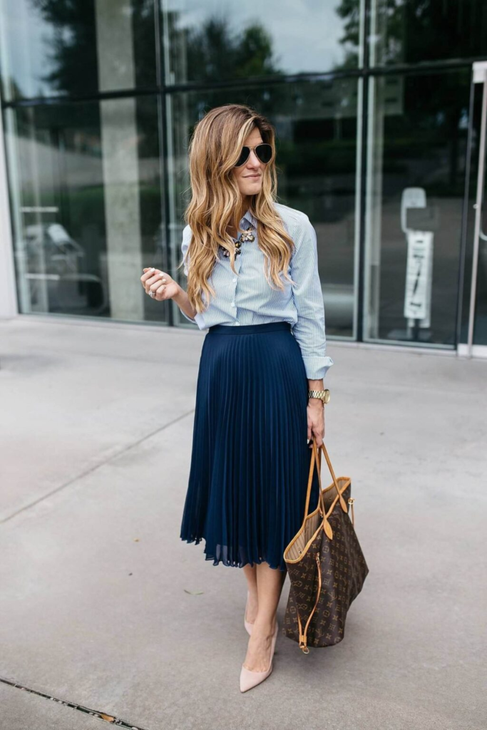Striped Shirt and Pleated Skirt Combo