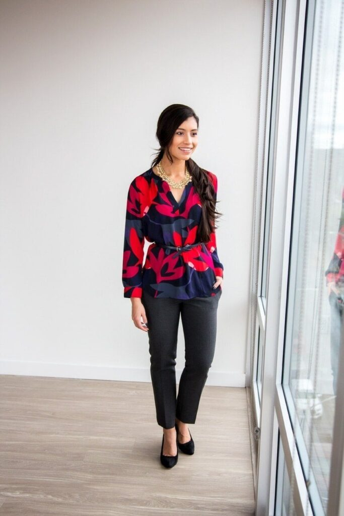 Bold Floral Blouse with Classic Trousers