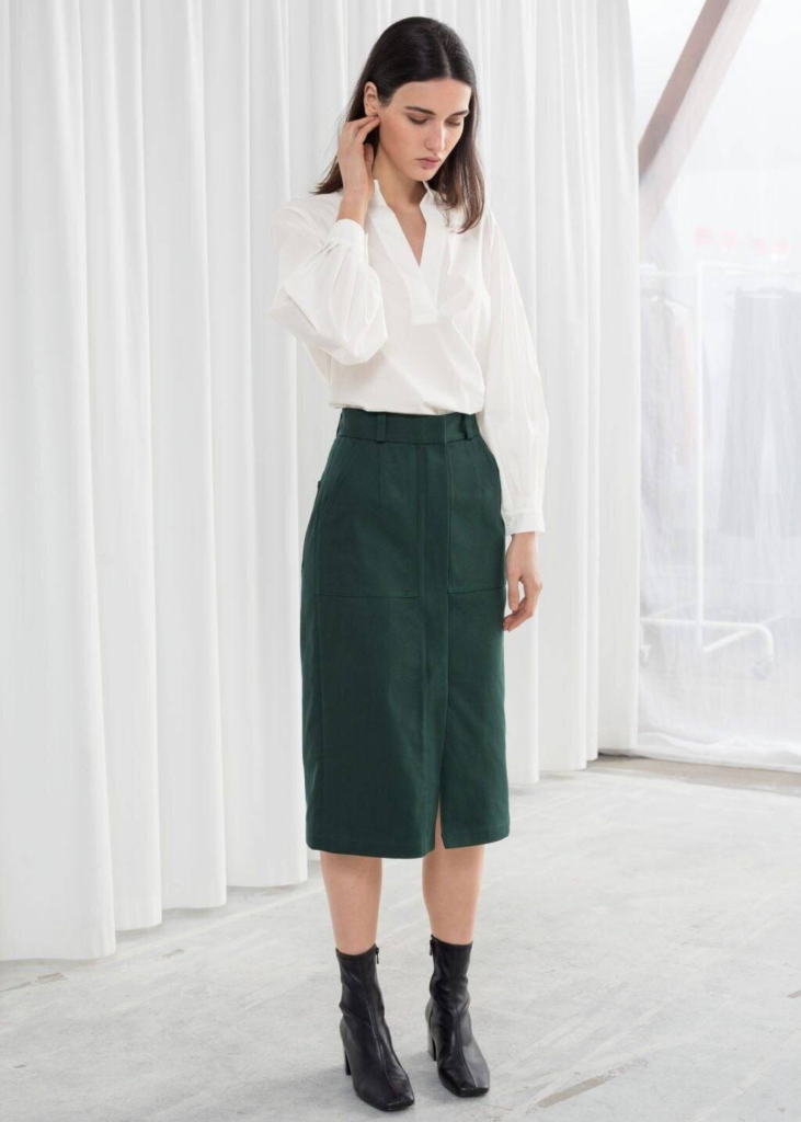Crisp White Blouse with Green Midi
