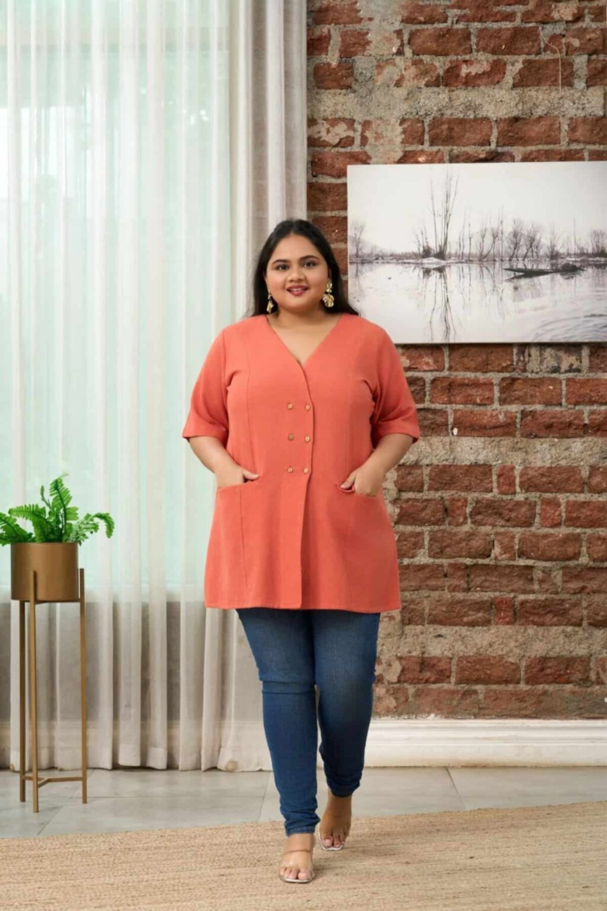 Coral Double-Breasted Tunic Top