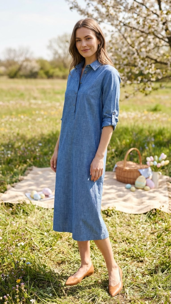 Chambray Dress + Tan Flats