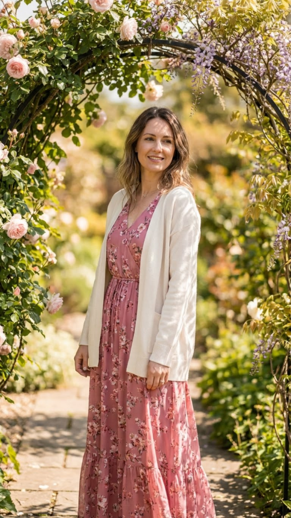 Pink Floral Maxi Dress + Light Cardigan
