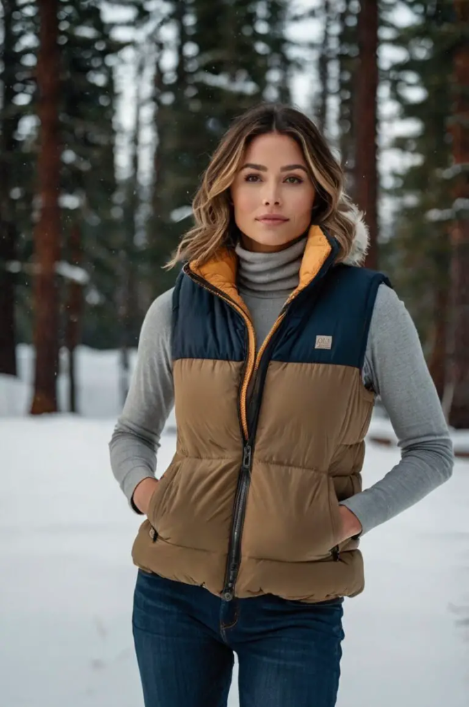 Puffer Vest and Thermal Top with Jeans