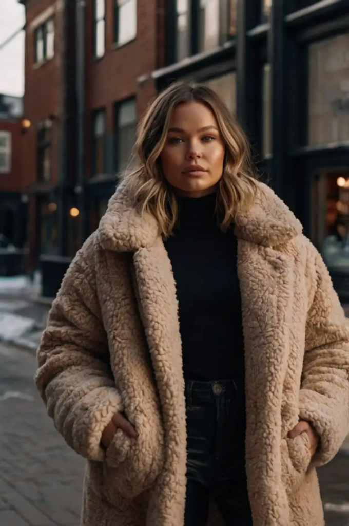 Teddy Coat with Black Leggings and Boots
