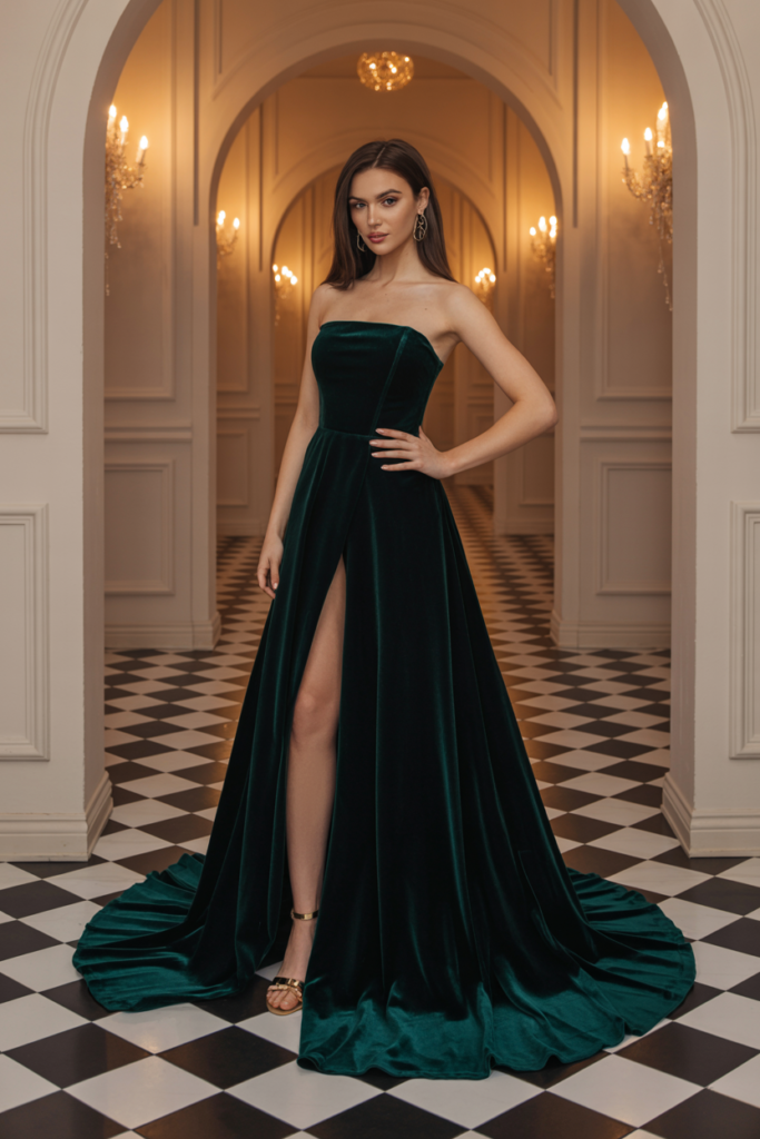 Forest Green Strapless Velvet Dress