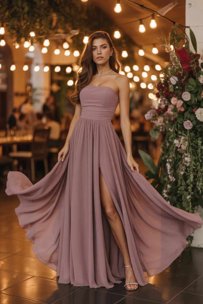 Mauve Strapless Chiffon Gown