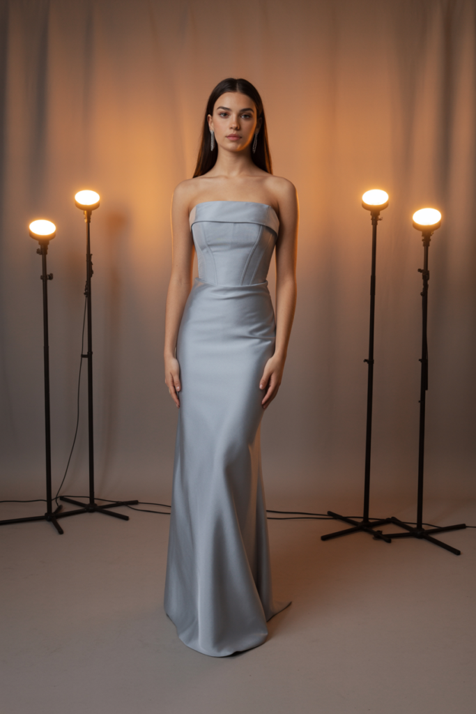 Soft Grey Strapless Column Gown