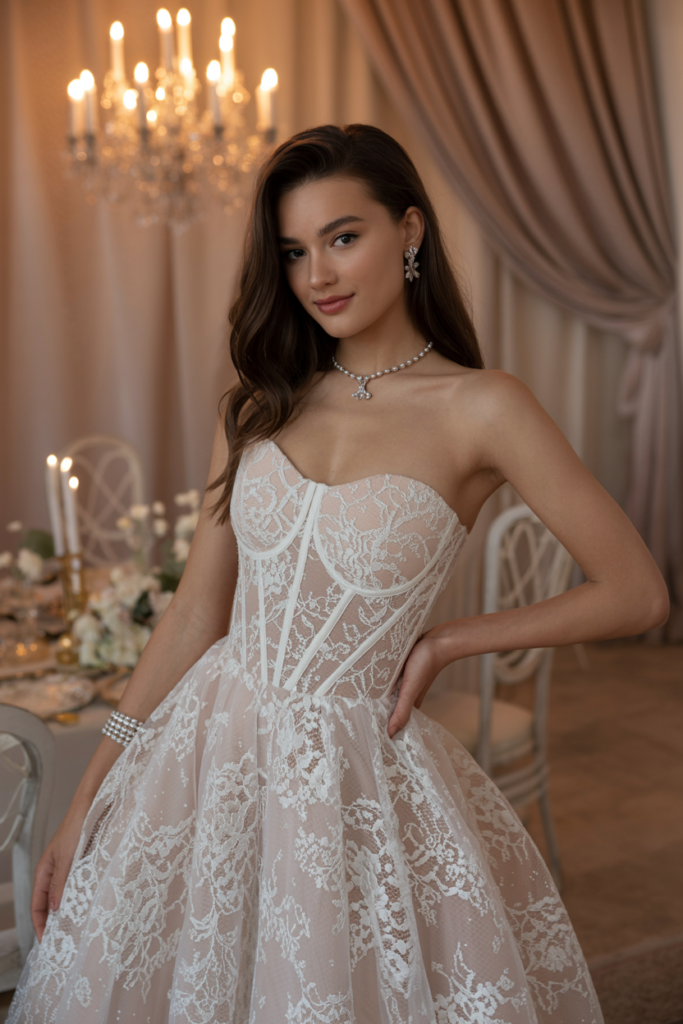 White Strapless Lace Prom Dress