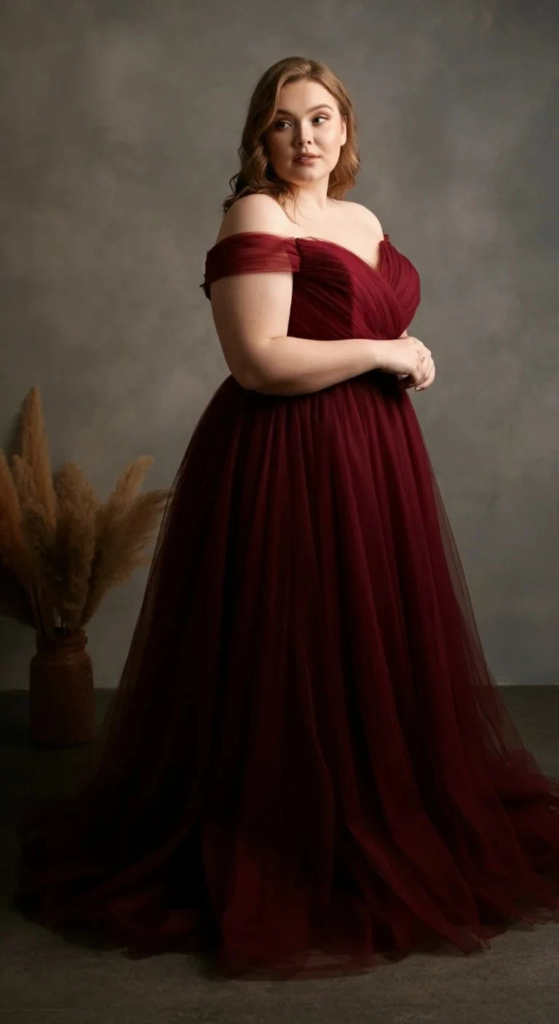 Burgundy Off-Shoulder Ball Gown