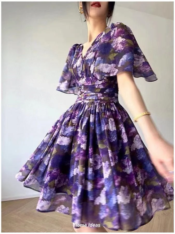 Vintage Floral Purple Midi Dress