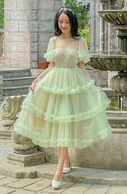 Ethereal Sage Green Tulle Midi Dress