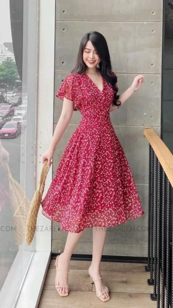 Classic Red Floral Midi Dress