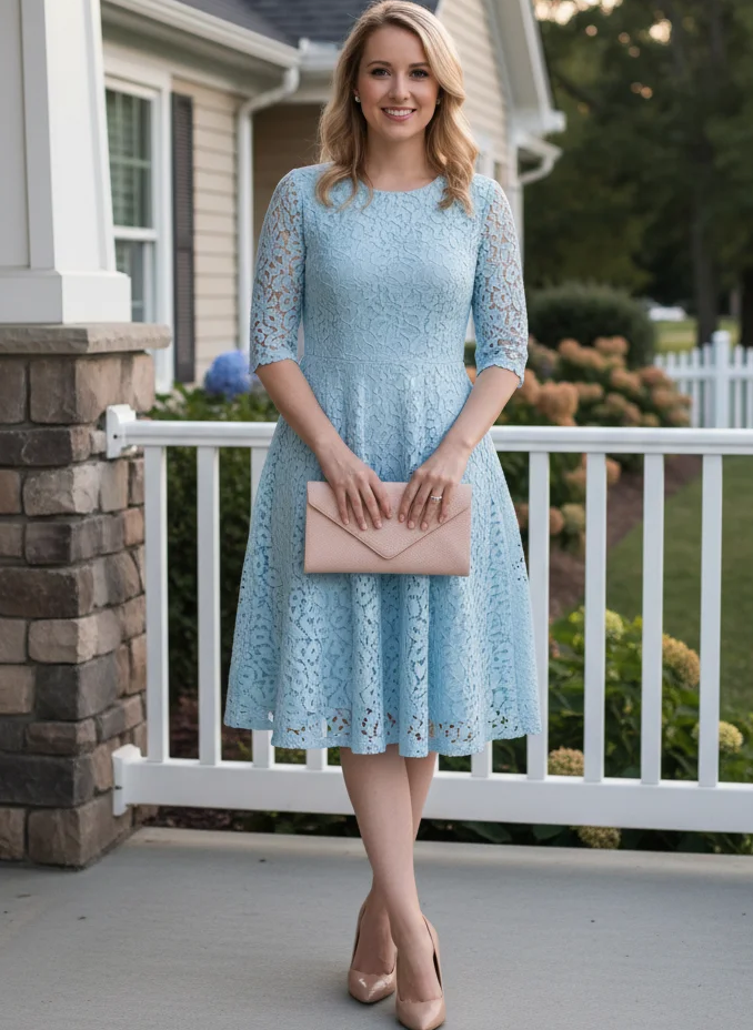 Pale Blue Lace A-Line Dress Look