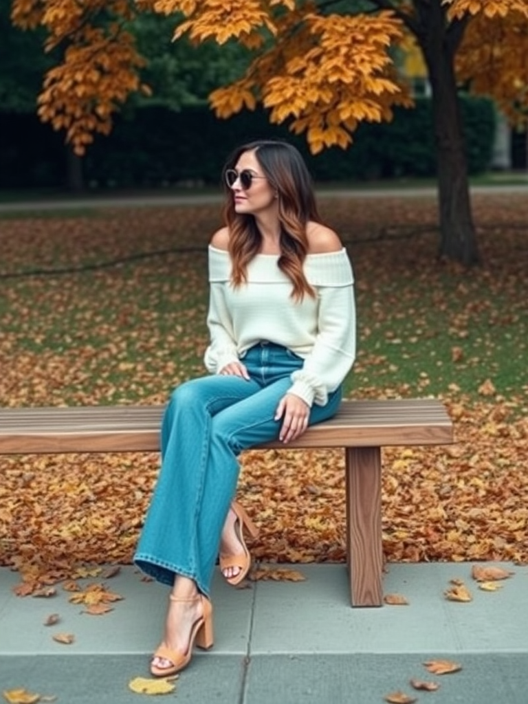 Off-Shoulder Sweater and Flared Jeans