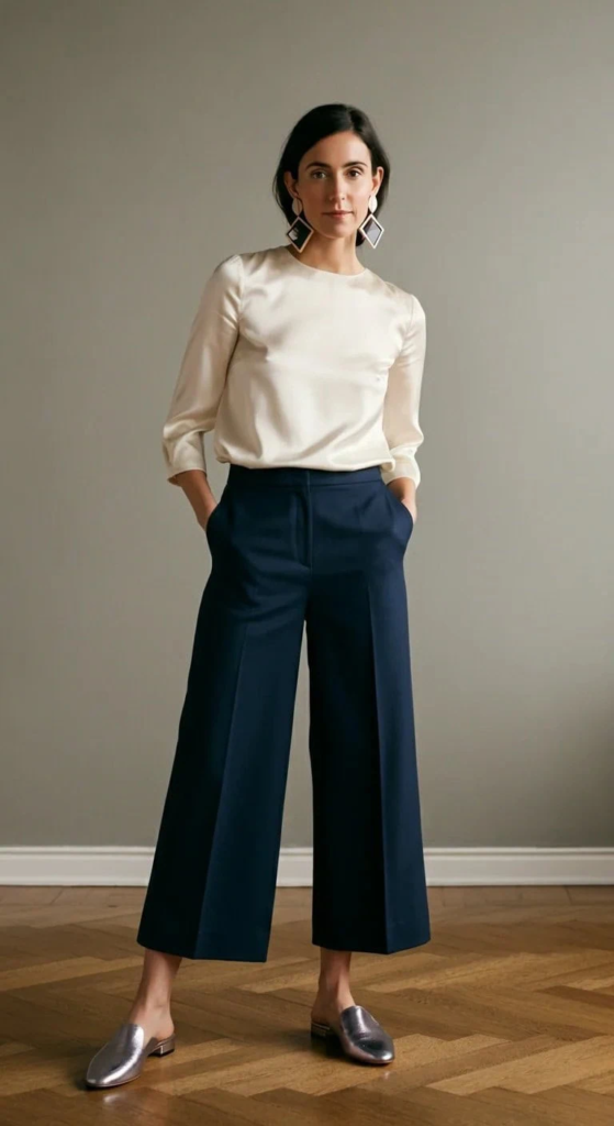 Wide-Leg Cropped Trousers with Silk Shell